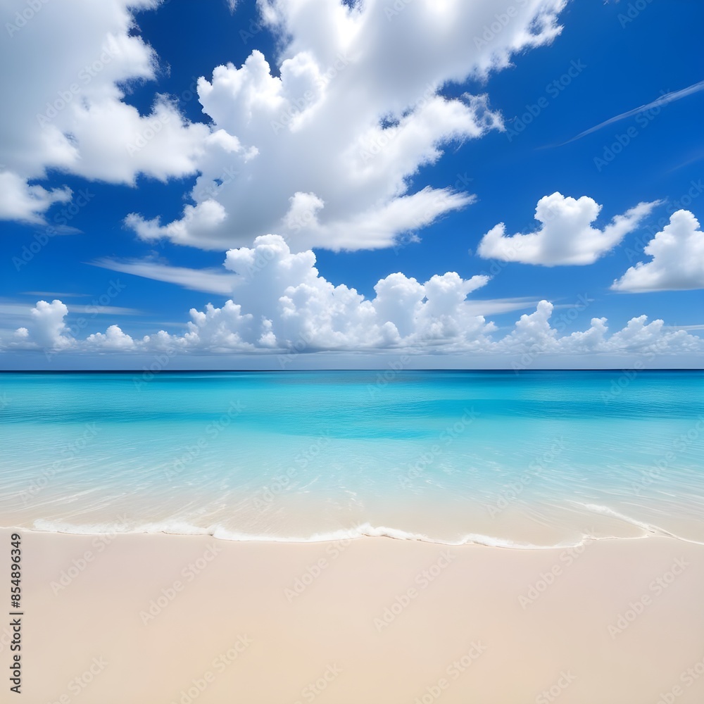 A tropical beach with white sand, turquoise blue ocean water, and a bright blue sky with fluffy white clouds A tropical beach with white sand, turquoise blue ocean water, and a bright blue sky with fluffy white clouds