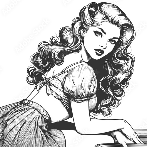 stylish girl woman fashion model with wavy hair sketch engraving generative ai fictional character vector illustration. Scratch board imitation. Black and white image.