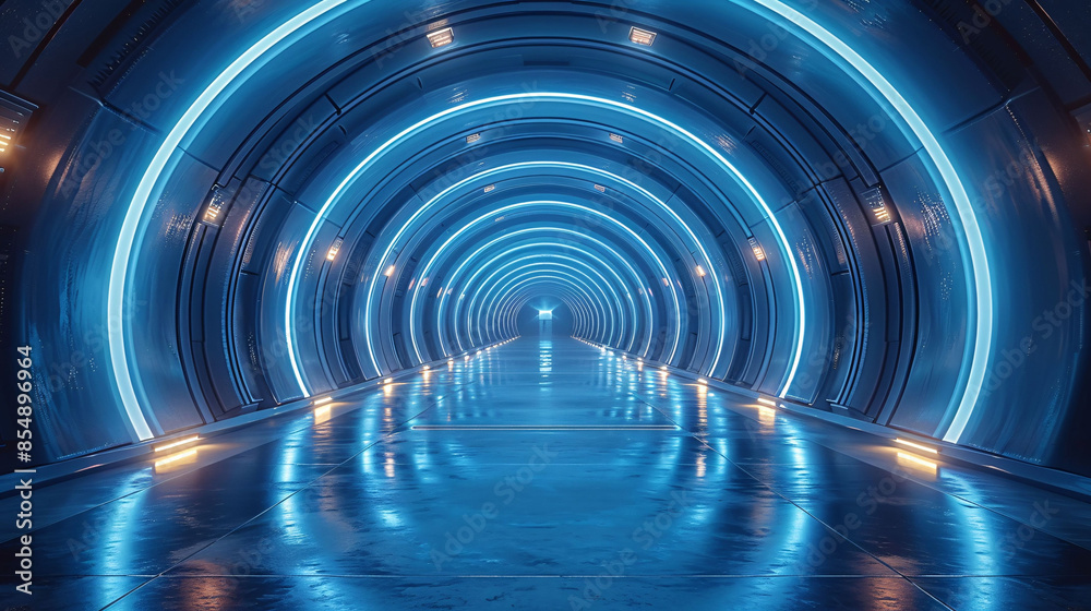 Obraz premium Sci-fi 3D space exhibition interior rendering, futuristic technology concept scene illustration background