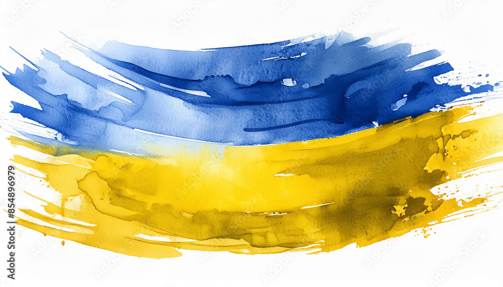Obraz premium Abstract watercolor drawing of blue yellow Ukrainian flag isolated on white. Hand drawn art.