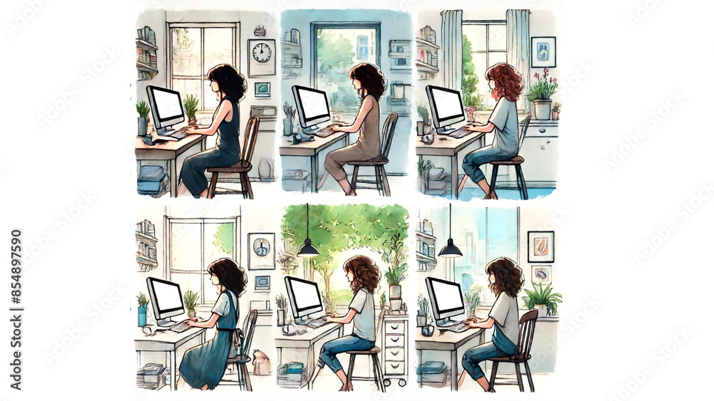 Obraz premium 水彩画風のホームオフィスシーン(各種角度と雰囲気)/Watercolor-Style Home Office Scenes (Various Angles and Atmospheres)generative AI