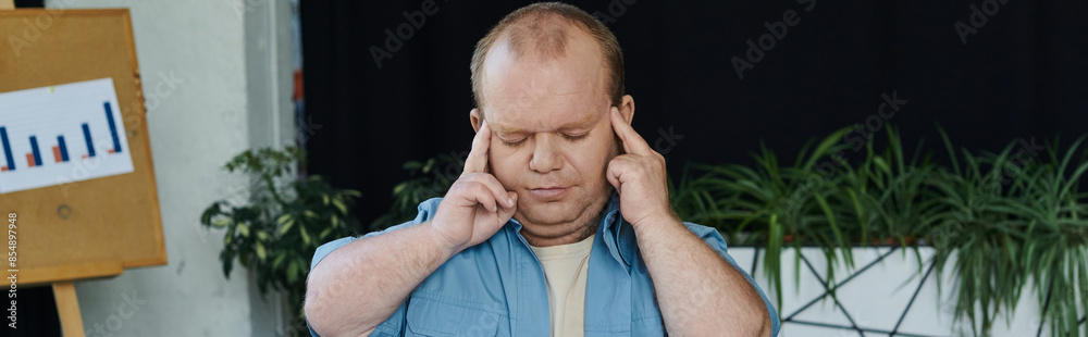 A man with inclusivity is focused and concentrating intensely, sitting in a room with plants. A man with inclusivity is focused and concentrating intensely, sitting in a room with plants.