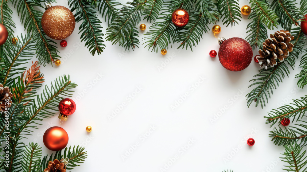 Christmas background with fir branches and red and gold ornaments. Christmas background with fir branches and red and gold ornaments.