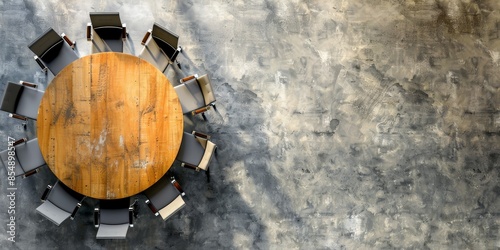 Top view of empty wooden round table and chairs in the meeting room