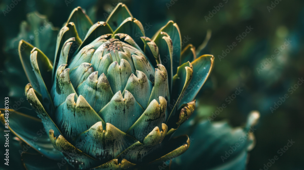 A close-up photograph of a single artichoke bud in a garden, with a blurry background of green foliage A close-up photograph of a single artichoke bud in a garden, with a blurry background of green foliage