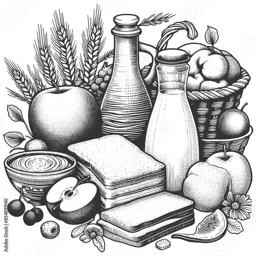 still life featuring fruits, bread, bottles, and grains, evoking a classic and wholesome feel sketch engraving generative ai vector illustration. Scratch board imitation. Black and white image.