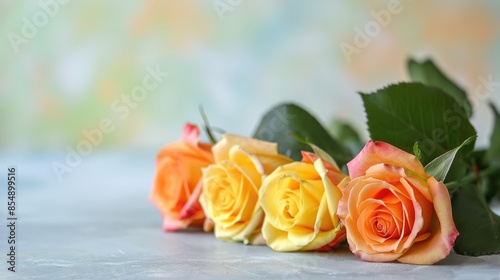 Arrangement of yellow and orange roses on a soft background with space for text