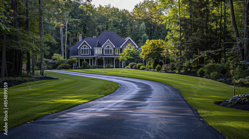 A long, winding driveway leads to a large house nestled amidst lush green trees. The driveway is paved and appears wet, possibly from recent rain photo