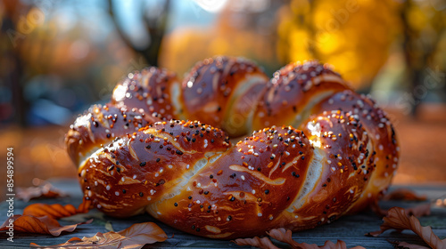 A freshly baked pretzel ring, adorned with colorful sprinkles, sits on a wooden table surrounded by fallen autumn leaves