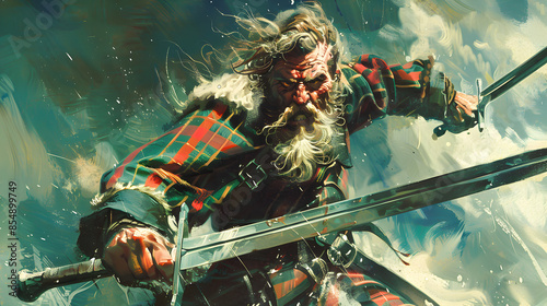 A Scottish Highlander with fierce expression and broadsword, illustration.


