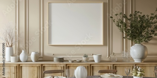 Fototapeta Naklejka Na Ścianę i Meble -  Elegant beige wall mockup with frame, plants and decor. 3d render