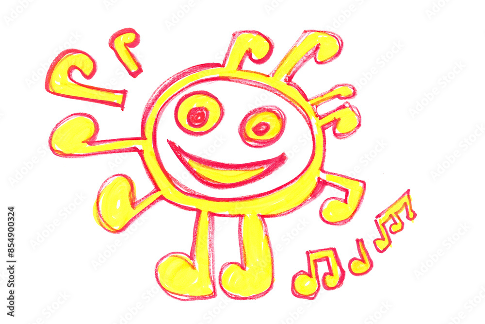 Grunge hand draw music notes in shape sun, icon isolated on white, red marker Grunge hand draw music notes in shape sun, icon isolated on white, red marker
