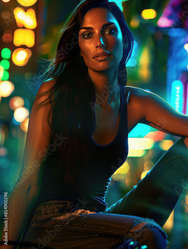 Fashionable Woman Seated in Neon-Lit Urban Setting