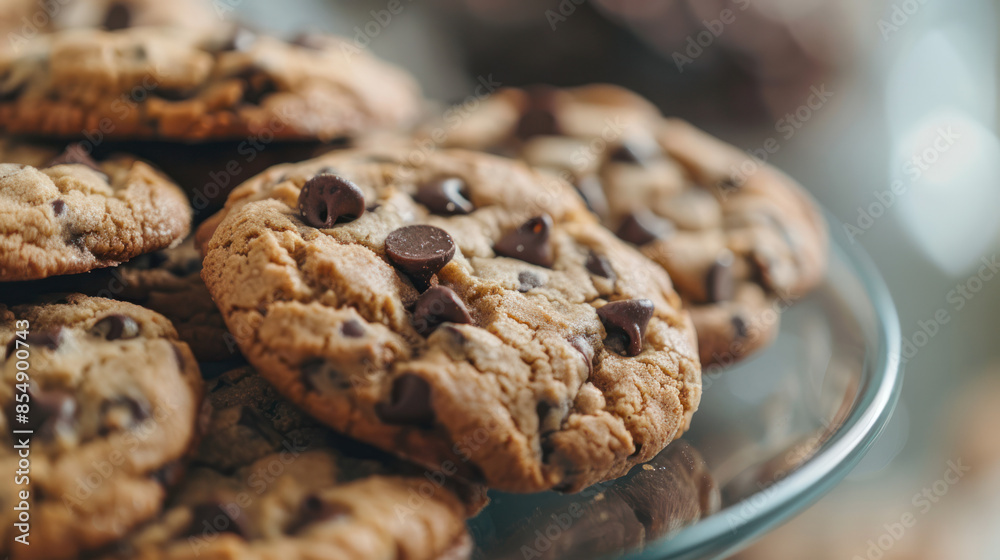 A close-up shot of chocolate chip cookies on a glass plate. The cookies are fresh and have a golden brown color A close-up shot of chocolate chip cookies on a glass plate. The cookies are fresh and have a golden brown color