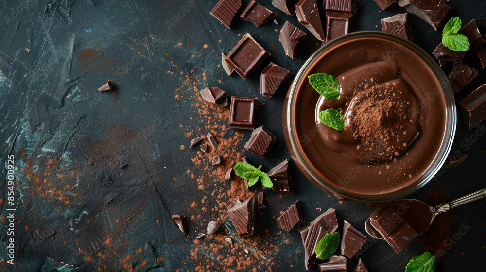 A bowl of dark chocolate mousse topped with fresh mint leaves and dusted with cocoa powder, surrounded by broken chocolate pieces A bowl of dark chocolate mousse topped with fresh mint leaves and dusted with cocoa powder, surrounded by broken chocolate pieces