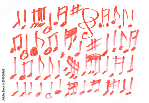 Grunge hand draw shape music notes, icons isolated on white, red marker 