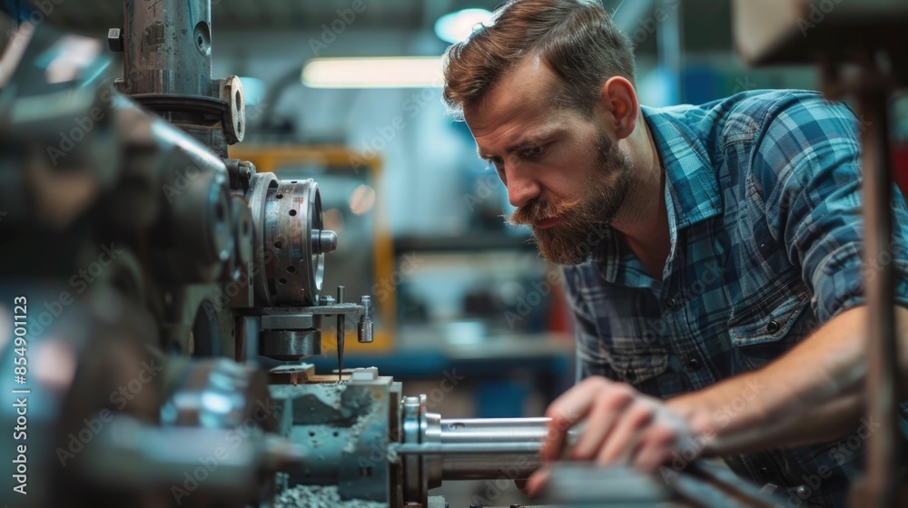 Small business owner or manufacturing engineer carefully inspecting mechanical equipment and machinery in a industrial workshop or factory setting Small business owner or manufacturing engineer carefully inspecting mechanical equipment and machinery in a industrial workshop or factory setting