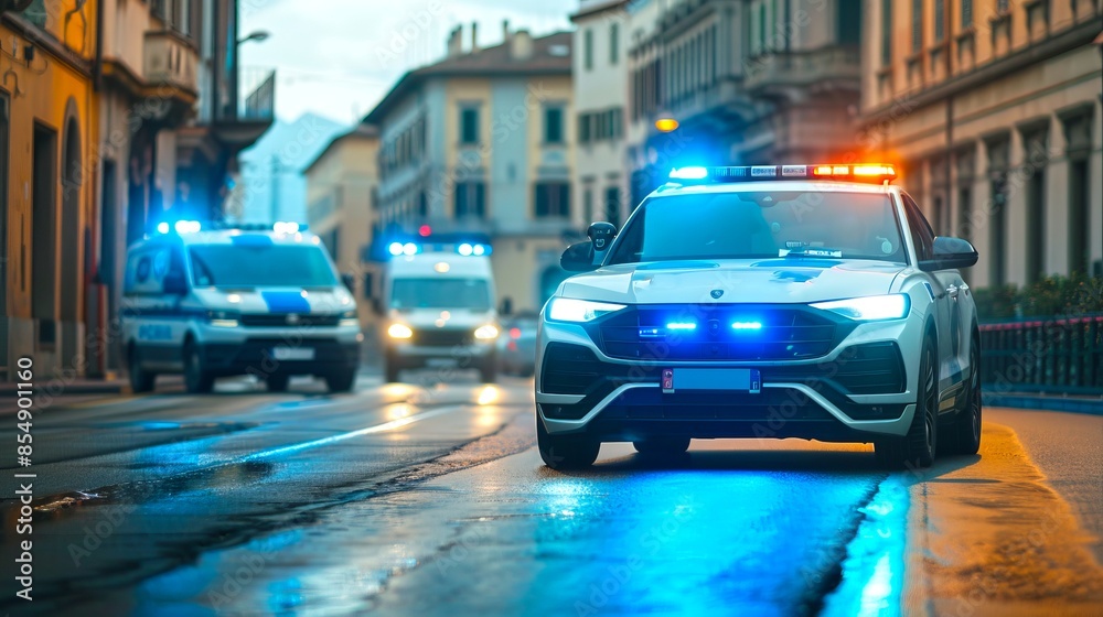 Police cars with flashing lights on a city street. The street is wet, likely after rain. The buildings in the background suggest a historic European town. Nighttime enforcement. AI