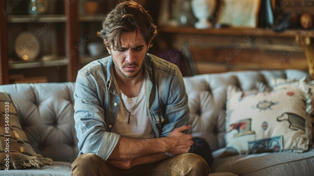 Troubled man sitting alone on a sofa at home clutching his stomach in clear distress and pain The image conveys a sense of deep anguish isolation and emotional turmoil the individual is experiencing Troubled man sitting alone on a sofa at home clutching his stomach in clear distress and pain The image conveys a sense of deep anguish isolation and emotional turmoil the individual is experiencing