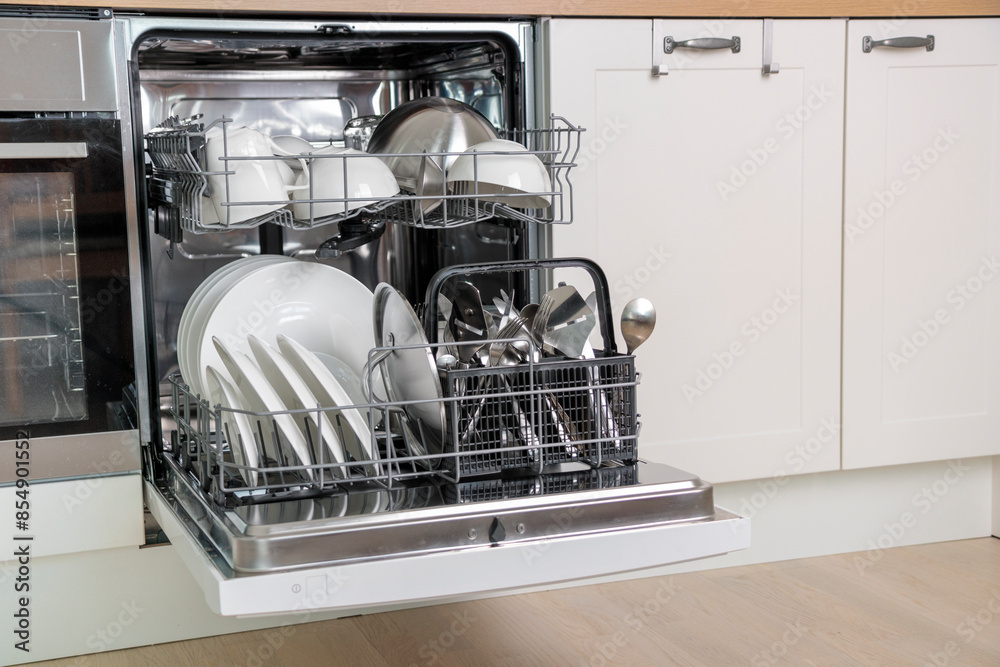Time-saving technology. Open built-in dishwasher. Kitchen with integrated appliances. Clean plates and dishes in the dishwasher Time-saving technology. Open built-in dishwasher. Kitchen with integrated appliances. Clean plates and dishes in the dishwasher