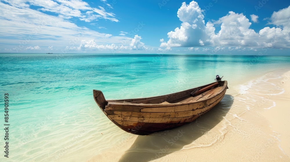 Beautiful tropical beach with clear turquoise water and a wooden boat on a white sand Beautiful tropical beach with clear turquoise water and a wooden boat on a white sand