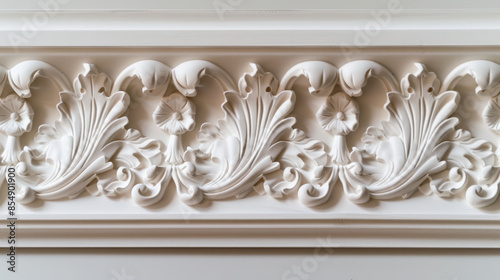 A close-up of detailed white ornate floral molding on a white wall