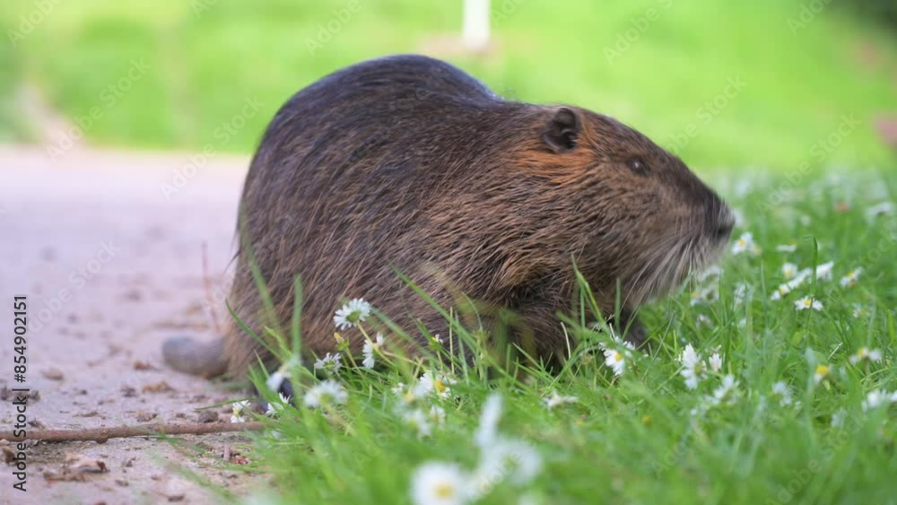 Nutria river rat, coypu herbivorous, semiaquatic rodent member of the family Myocastoridae on the meadow, baby animals, habitant wetlands Nutria river rat, coypu herbivorous, semiaquatic rodent member of the family Myocastoridae on the meadow, baby animals, habitant wetlands