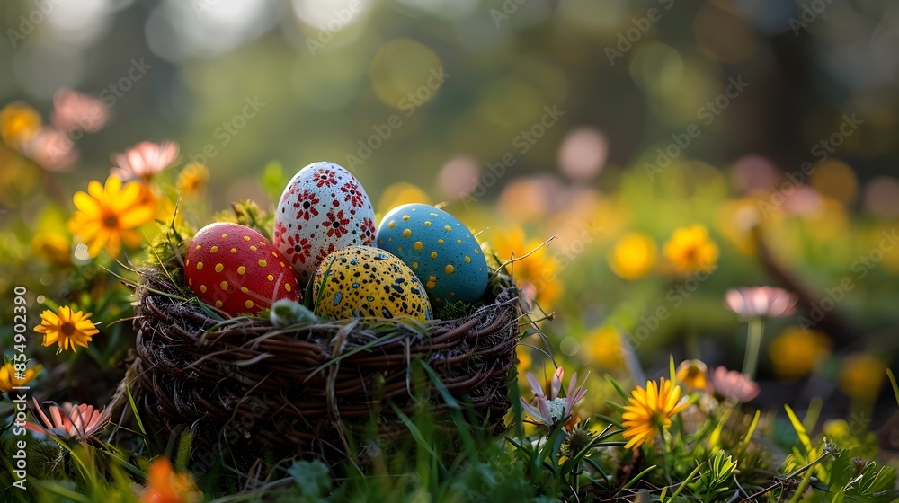 Colorful Easter Eggs Nestled in Wicker Basket Amidst Spring Flowers and Foliage Colorful Easter Eggs Nestled in Wicker Basket Amidst Spring Flowers and Foliage