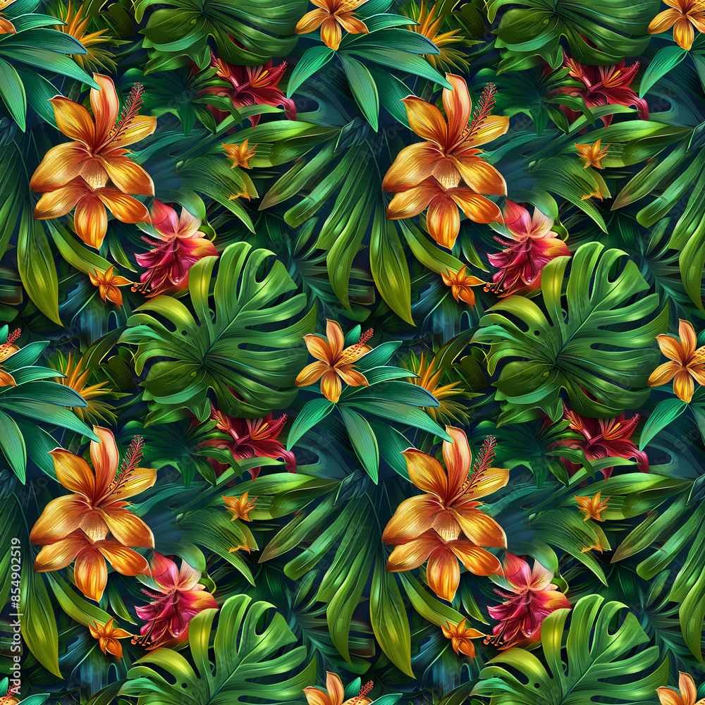 Tropical flowers and lush green leaves seamless pattern Tropical flowers and lush green leaves seamless pattern