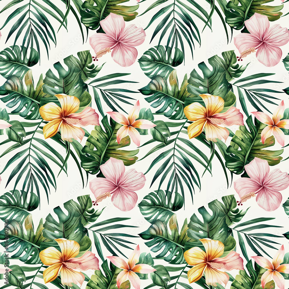Watercolor tropical flowers and leaves pattern Watercolor tropical flowers and leaves pattern