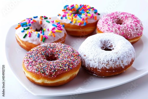 Indulge in a mouthwatering array of glazed and sprinkled donuts, beautifully arranged on a pristine white plate.