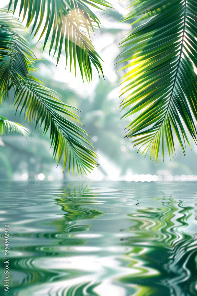 Tropical palm leaf on blue water wave texture background Tropical palm leaf on blue water wave texture background