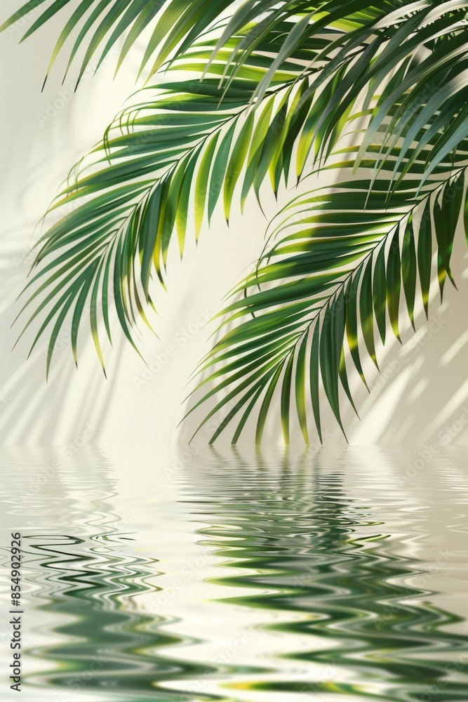 Tropical palm leaf on blue water wave texture background Tropical palm leaf on blue water wave texture background