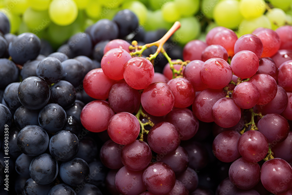 A close-up shot of a bunch of grapes featuring black, red, and green grapes A close-up shot of a bunch of grapes featuring black, red, and green grapes