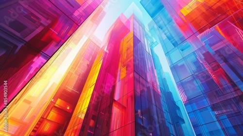 Vibrant Abstract Cityscape of Tall Geometric Buildings in Daylight