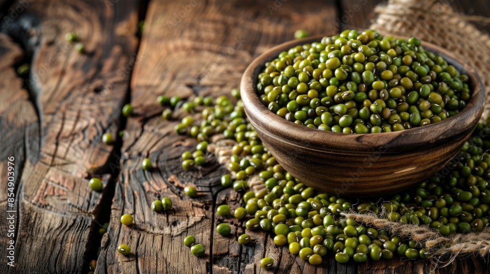 Green mung beans Nutritious source on wooden surface Green mung beans Nutritious source on wooden surface