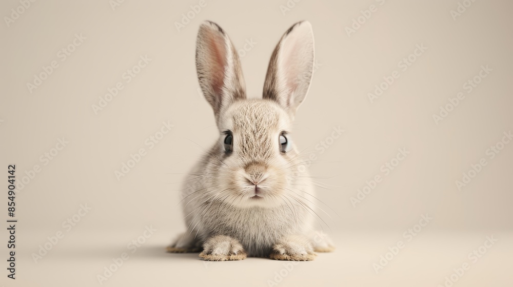 Obraz premium Extremely detailed 8k photograph of a rabbit with a light solid background, showcasing its realistic fur texture, sharp eyes, and natural pose, professional studio quality
