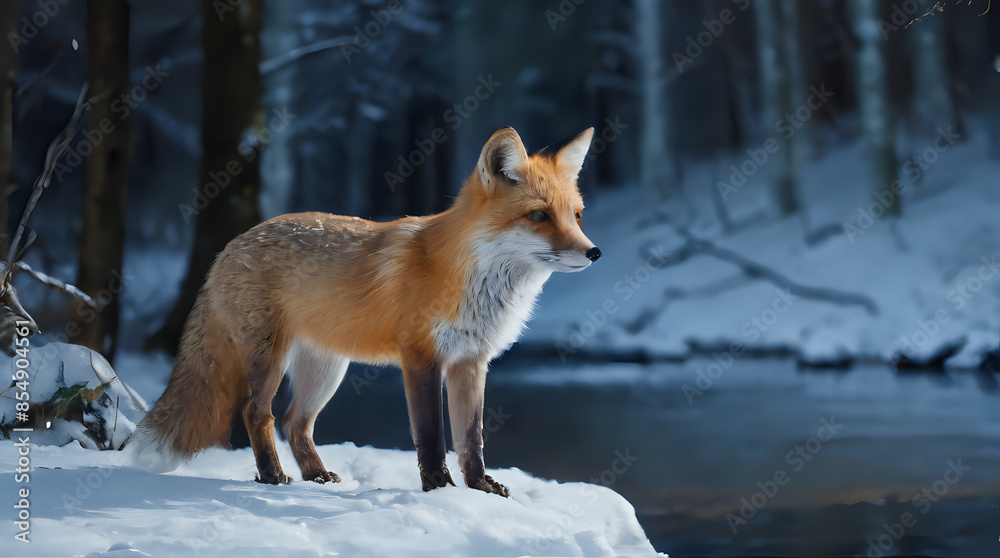 a fox standing on a snowy hill by a river