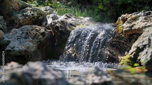 Small waterfall flowing from the rock photo