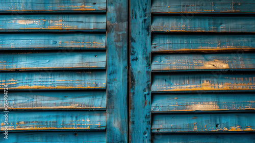 Close-up of two weathered, blue wooden shutters with chipped paint