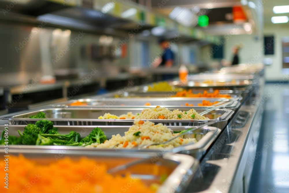 A bustling school cafeteria with neatly arranged trays, offering a variety of delicious meals to eager students.