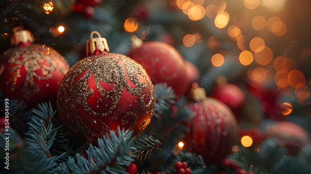 Elegant Red and Golden Christmas Ornaments Hanging on Lush Evergreen Tree with Twinkling Bokeh Lights Elegant Red and Golden Christmas Ornaments Hanging on Lush Evergreen Tree with Twinkling Bokeh Lights