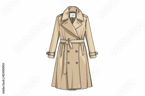 A stylish long trench coat in a classic beige color, perfect for any season. The illustration features a clear white background to highlight the coat's timeless design. © Jennie Pavl