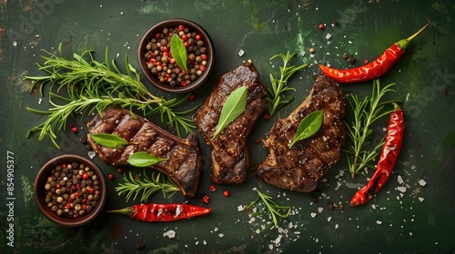 Grilled meat with chili pepper herbs and spices on a green surface