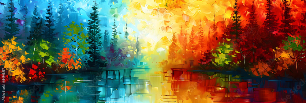 Naklejka premium Enchanting Autumn Landscape with Vibrant Foliage and Serene Reflection in Lake