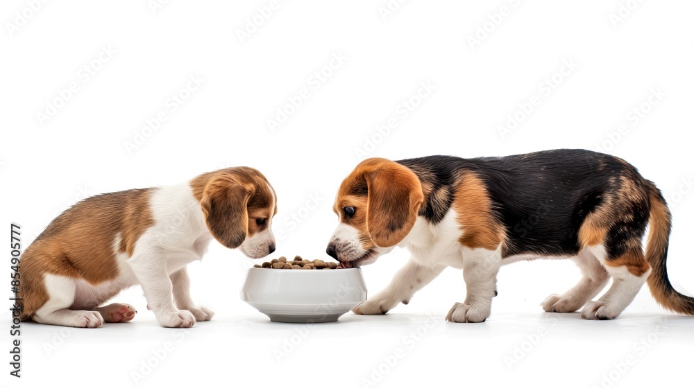 Two adorable beagle puppies eating from a food bowl. The younger puppy is sitting while the older puppy is standing. A perfect image for pet-focused websites or advertisements. AI Two adorable beagle puppies eating from a food bowl. The younger puppy is sitting while the older puppy is standing. A perfect image for pet-focused websites or advertisements. AI