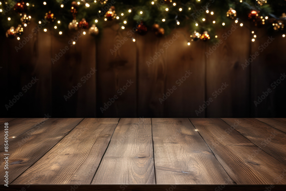 A close-up image of a rustic wooden tabletop with a garland of Christmas lights hanging above it A close-up image of a rustic wooden tabletop with a garland of Christmas lights hanging above it