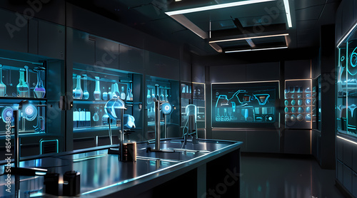 Wallpaper Mural Visualize a sci-fi laboratory with holographic waves streaming through high-tech equipment, showcasing advanced technology Torontodigital.ca