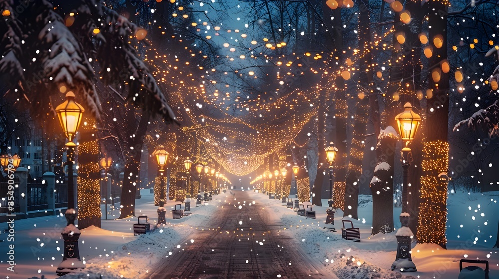 Enchanting Winter Night Scene with Illuminated Street and Festive Enchanting Winter Night Scene with Illuminated Street and Festive