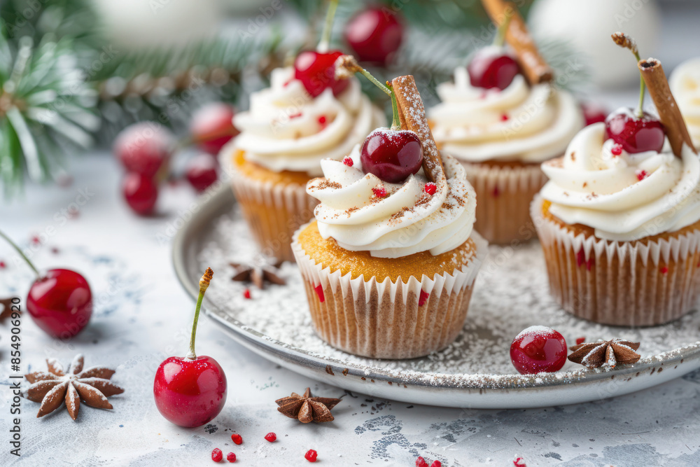 Close-up of four vanilla cupcakes decorated with whipped cream, maraschino cherries, and cinnamon sticks Close-up of four vanilla cupcakes decorated with whipped cream, maraschino cherries, and cinnamon sticks